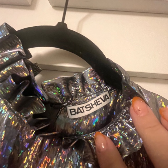 Batsheva Mini Prairie Dress In Silver Holographic Lamè - Picture 7 of 10